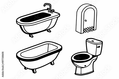 A set of bathroom icons including a bathtub, shower, and toilet in a simple line art style