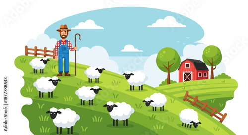 Cartoon Sheep Grazing on Green Hillside with Shepherd and Barn