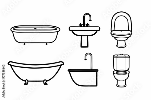 A set of minimalist bathroom icons including bathtubs, sinks, and toilets in a simple line art style