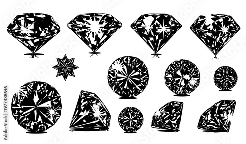 A set of black and white diamond illustrations on a white background