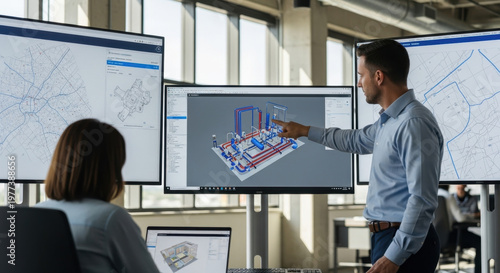 Man And Woman Discuss BIM 3D Model Design On Computer Screen 
