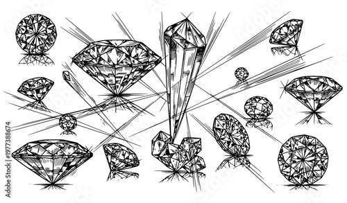 A vector graphic illustration of various diamond shapes and cuts