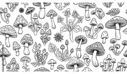 A black and white illustration of various mushrooms and plants in a seamless pattern