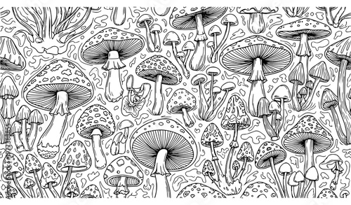 A detailed illustration of various mushrooms in a black and white vector graphic design