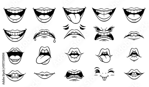 A set of various emotive mouth and lip expressions in a vector graphic illustration