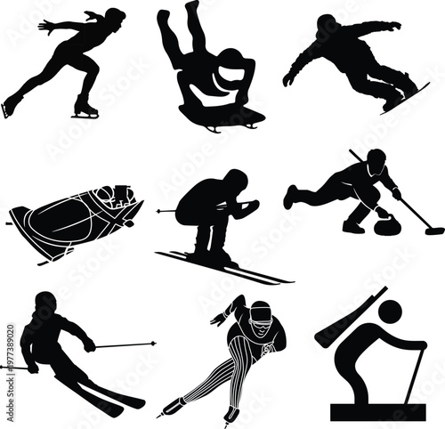 Collection of winter sports athletes silhouettes in various disciplines
