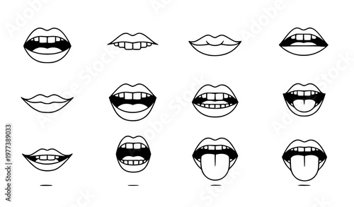 A set of various mouth and lip illustrations in a minimalist style
