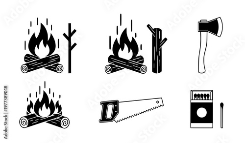 A set of vector icons depicting camping and woodworking tools and symbols