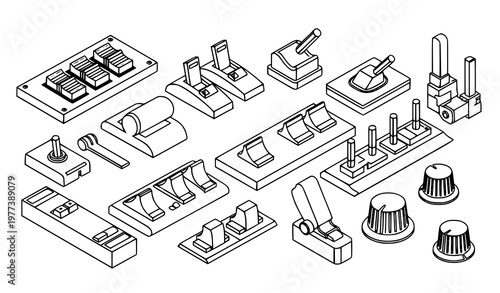 A collection of various mechanical parts and tools in a vector illustration