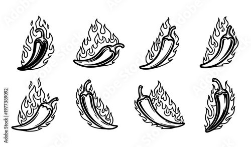 A set of black and white vector illustrations of hot chili peppers on fire