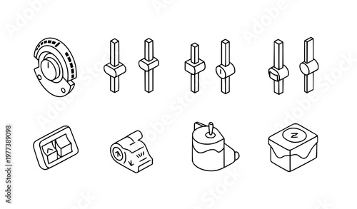 A set of industrial mechanical parts illustrated in a minimalist line art style