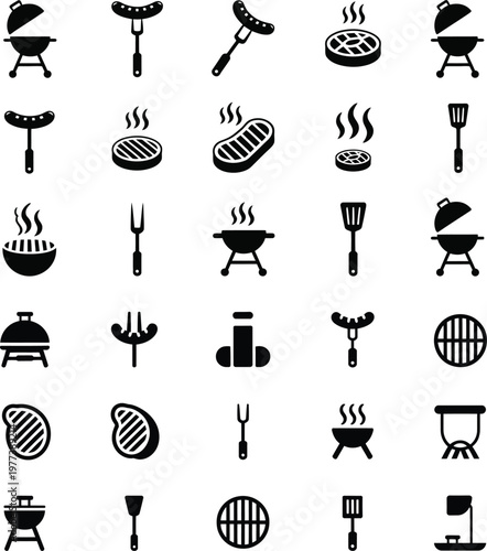 Black and white icons of various barbecue tools and grills