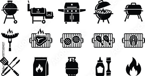 Black and white icons related to outdoor barbecue and grilling