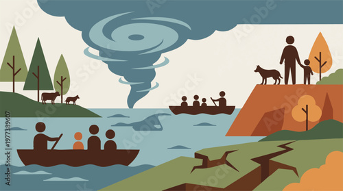 Illustration of global environmental crisis with tornado, flood, earthquake