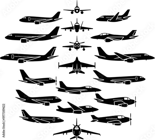 Airplane Silhouette Icons Multiple View Set.