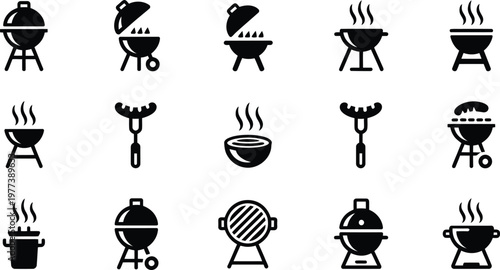 Black icons of various barbecue grills and utensils on white background
