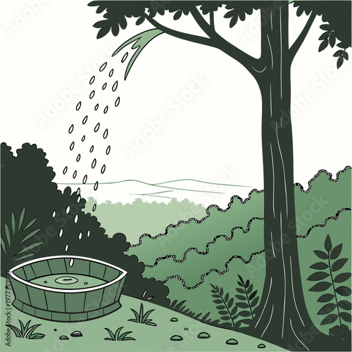A stylized illustration depicts a tree with falling leaves and a rain filled tub in a lush green landscape high quality professional