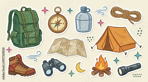 Camping Gear Icons with Tent, Backpack, Compass and and Flashlight on Beige Background