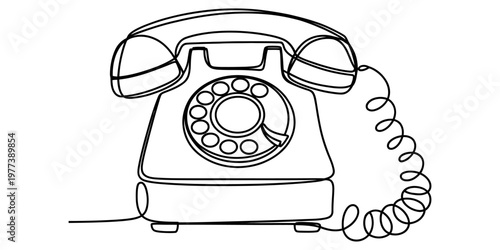 A minimalist single line drawing of a vintage rotary telephone on a plain white background area Vector, illustration