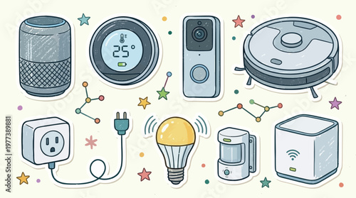 Smart Home Devices Illustration with Colorful Stars