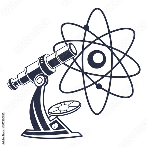 A vector graphic illustration of a telescope and an atom, representing science and discovery.
