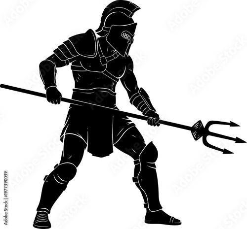 Armored Gladiator Holding Large Trident Weapon.