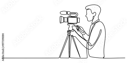 A continuous line drawing of a professional videographer filming with a camera on a tall tripod Vector, illustration