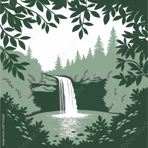 A serene illustration depicts a cascading waterfall nestled within lush green foliage and distant misty mountains high quality professional detailed modern elegant