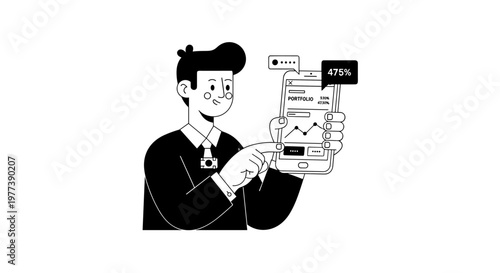 Man in business attire examining smartphone displaying portfolio growth chart with 475% increase notification, clean lines, minimalist design, monochrome palette, scalable vector