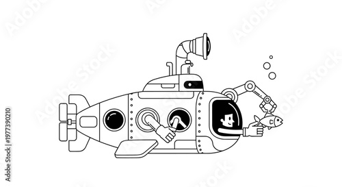 Whimsical character piloting a sleek, modern submarine with a robotic arm extending outward to gently hold a small fish, showcasing a playful underwater exploration scene with