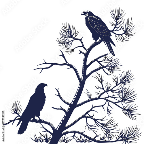 A striking blue monochrome illustration depicts two majestic birds of prey perched on pine branches showcasing detailed feathering high quality professional modern