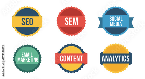Digital marketing badges featuring seo, sem, social media, email marketing, content, and analytics with clean lines, vibrant colors, and scalable geometric shapes for commercial