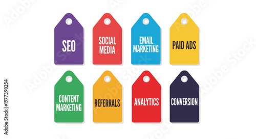 Collection of eight colorful marketing tags featuring seo, social media, email marketing, paid ads, content marketing, referrals, analytics, and conversion, presented with clean