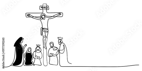 A continuous line drawing depicting the crucifixion of jesus with figures mourning at the base. Vector, illustration
