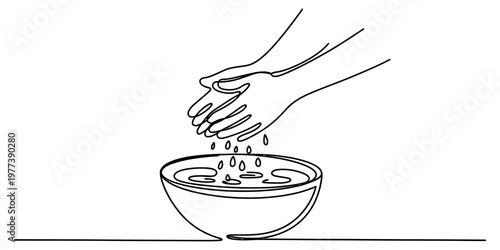 A black and white line art illustration showing hands washing over a bowl filled with clean water Vector, illustration