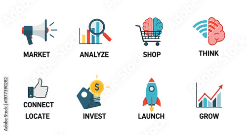 Collection of modern flat vector icons representing business concepts: marketing megaphone, data analysis magnifying glass, shopping cart with brain, connected thought process,