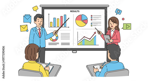 Business professionals presenting diverse financial data charts and graphs on a projector screen to attentive students taking notes in a bright, modern classroom setting