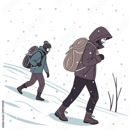 Two hikers a man and a woman walk through a snowy landscape each carrying large backpacks on their winter adventure high quality