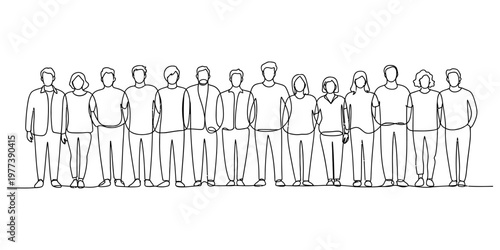 Continuous line drawing of a diverse group of people standing together in a long horizontal row Vector, illustration