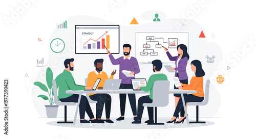Diverse team collaborating in modern office, presenting strategy charts and organizational flow diagrams on screens, showcasing professional growth, planning sessions, and