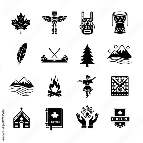 Collection of black glyph icons representing canadian indigenous culture and natural landscapes, featuring a maple leaf, totem pole, mask, drum, feather, canoe, pine tree,