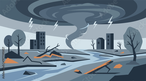 Tornado natural disaster devastating city landscape illustration