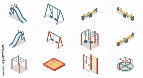 Bild auf Leinwand Collection of isometric playground equipment icons for outdoor recreation and childhood fun