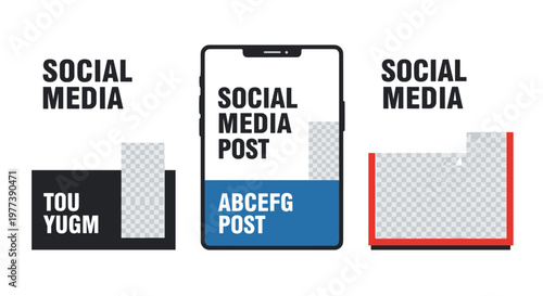 Clean vector graphic showing three distinct social media post templates with placeholder image areas, a smartphone screen, and bold typography in black, white, and blue, ideal for
