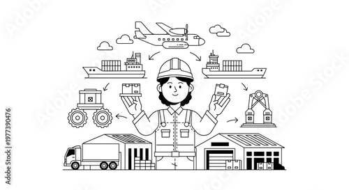 Friendly logistics worker wearing hard hat and overalls, managing cargo movement between airplane, container ships, truck, forklift, warehouse, and crane, symbolizing efficient