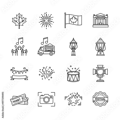 Canadian maple leaf, vibrant fireworks, national flag waving, grand festival building, joyful crowd, music notes, food truck, vintage lantern, decorative bunting, confetti burst,