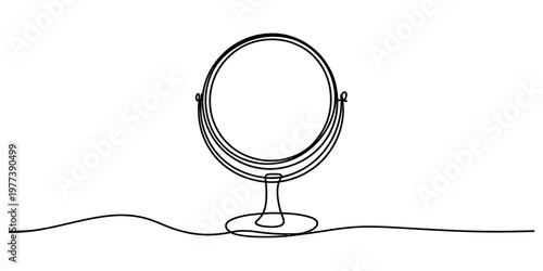 A single continuous line drawing of a round tabletop makeup mirror on a simple white background. Vector, illustration