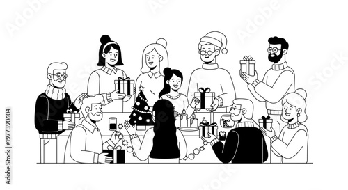 Diverse group of people joyfully exchanging wrapped presents around a decorated christmas tree, celebrating festive holiday season with warm smiles, candles, and sparklers,