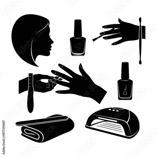 A black and white vector graphic illustration of nail salon tools and accessories