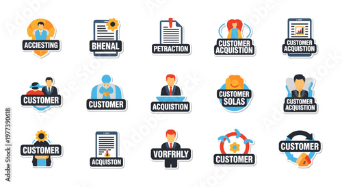 Business icons representing client acquisition, customer service, and engagement strategies, featuring stylized figures, documents, and circular arrows in a vibrant orange, blue,